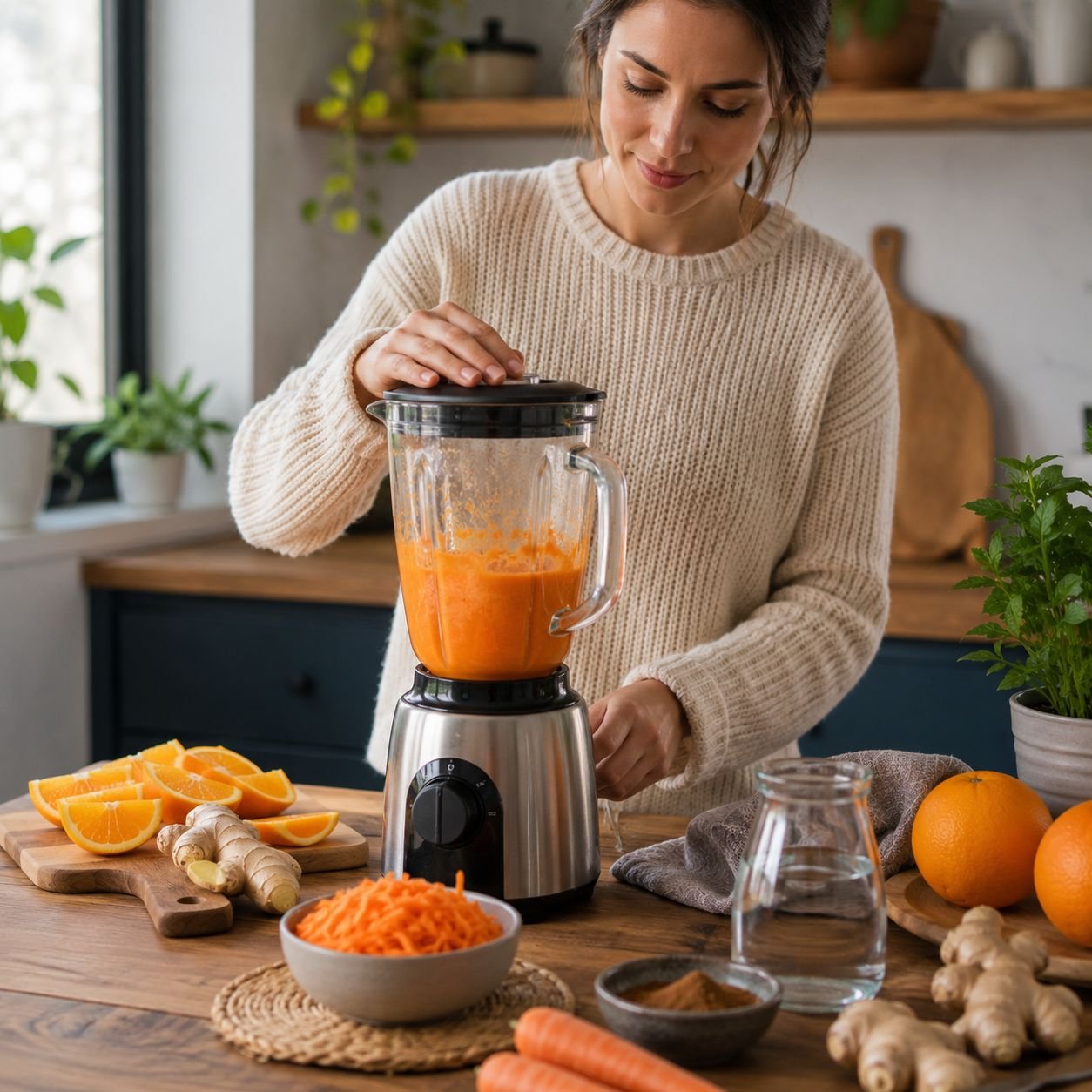 Mulher preparando suco termogênico de laranja com gengibre, cenoura e canela em cozinha aconchegante