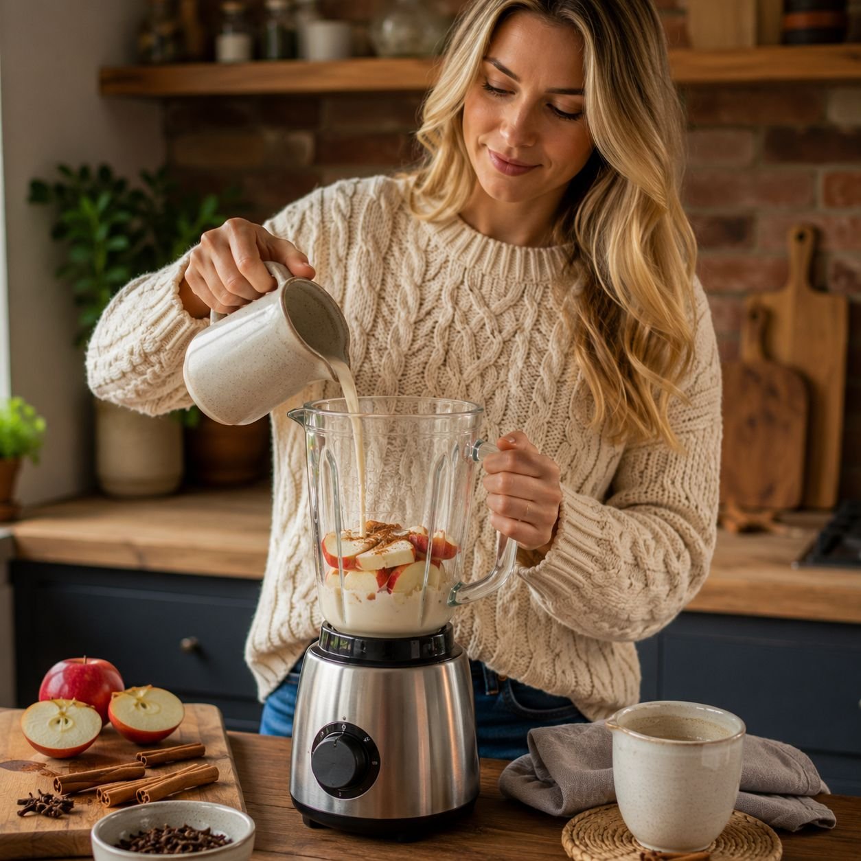 Mulher loira preparando suco cremoso de maçã com canela e cravo em cozinha aconchegante