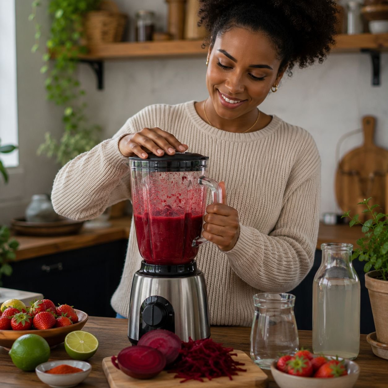 Mulher negra preparando suco termogênico de beterraba, morango e pimenta caiena no liquidificador