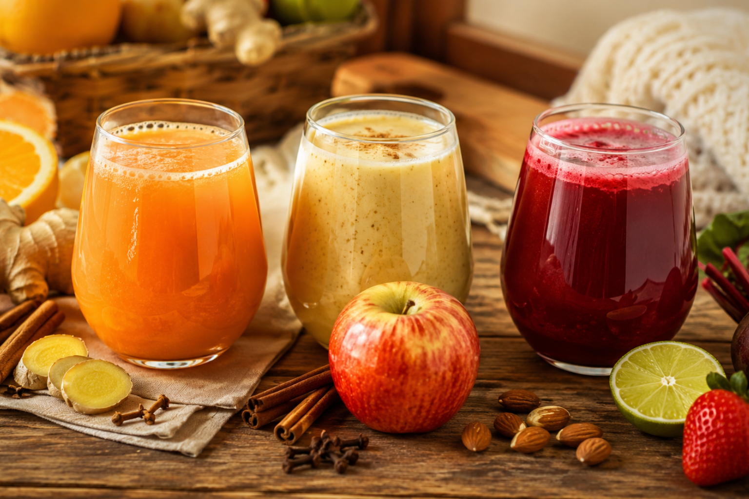 Sucos termogênicos naturais com gengibre, canela, maçã, beterraba e frutas em mesa rústica durante o inverno