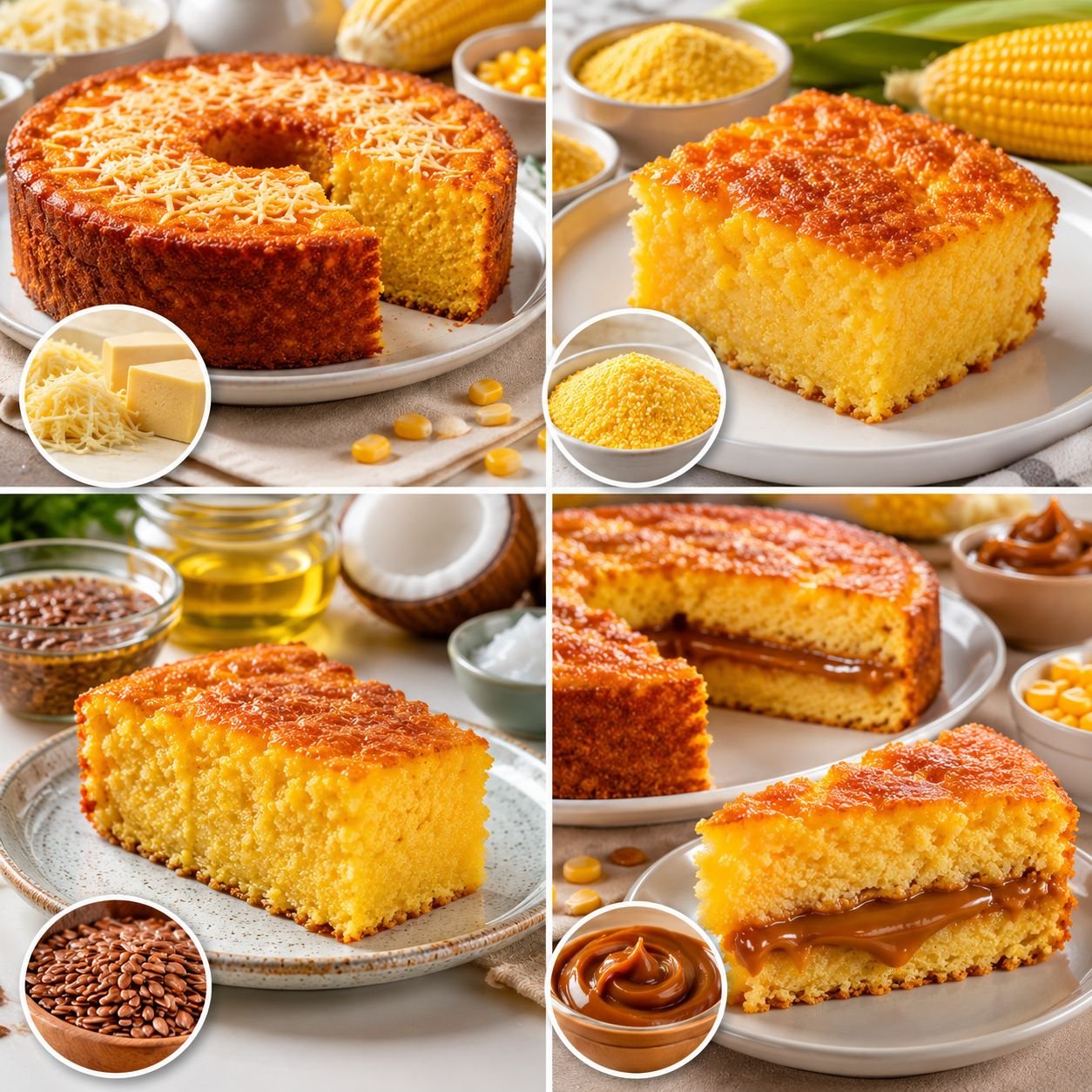 Montagem com diferentes versões de bolo de milho cremoso incluindo versão com queijo, recheio cremoso e adaptação vegana