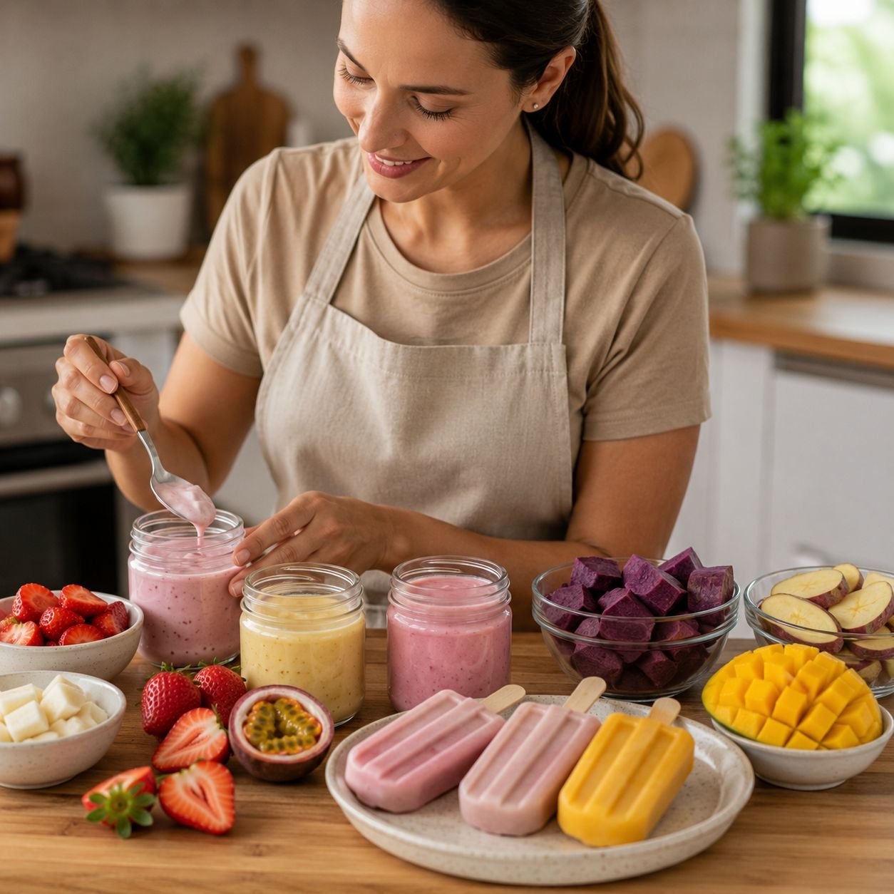 Pessoa preparando versões variadas de danoninho de inhame com frutas e picolés saudáveis em cozinha iluminada