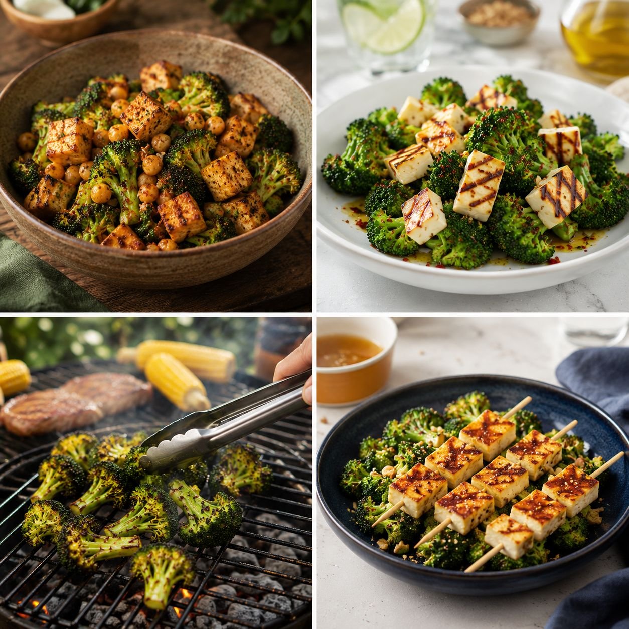 Colagem com diferentes versões de salada de brócolis gourmet, incluindo tofu grelhado, queijo coalho e preparo na churrasqueira