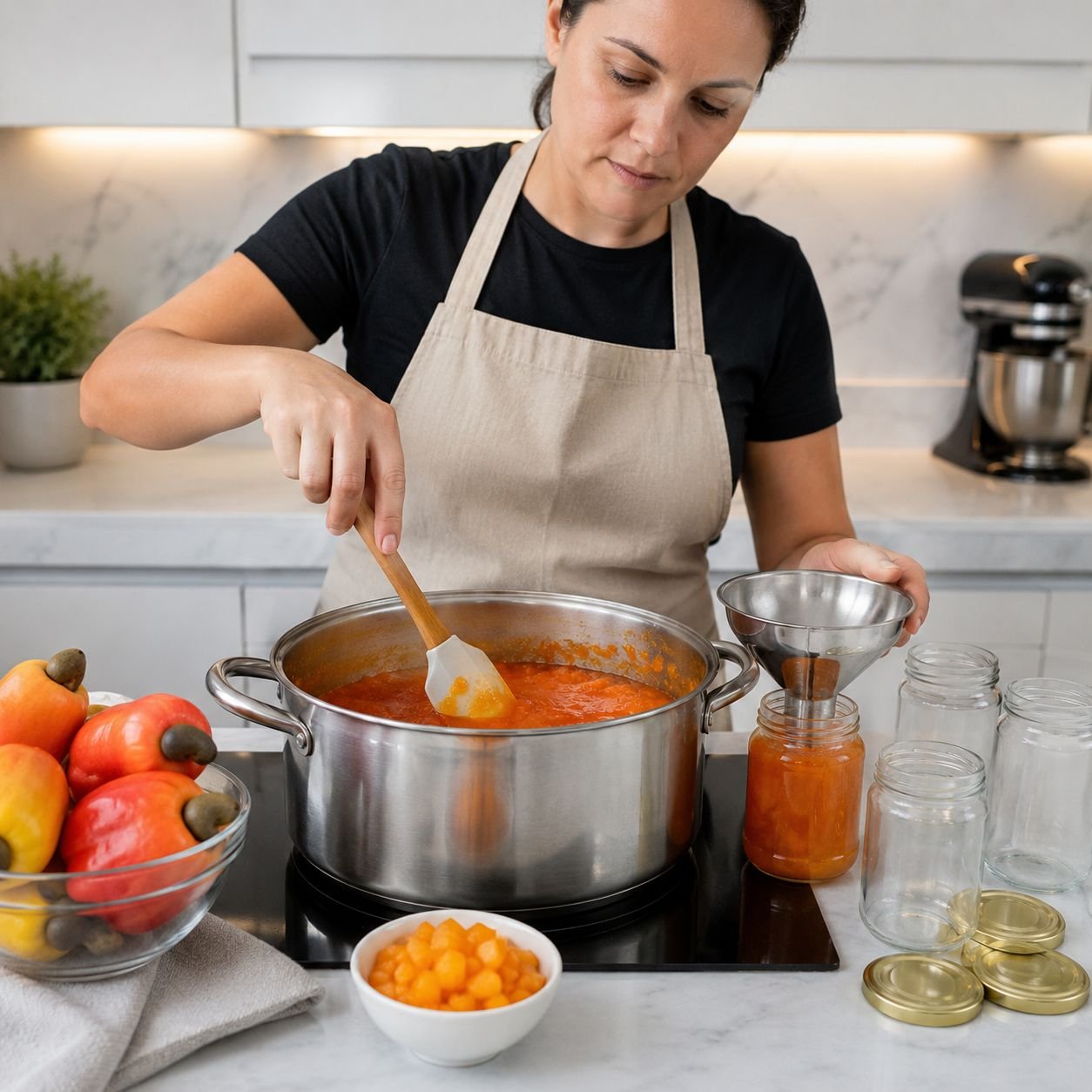 Pessoa preparando geleia de caju caseira em cozinha moderna, mexendo a fruta cozida em panela de inox e envasando o doce em potes de vidro esterilizados.