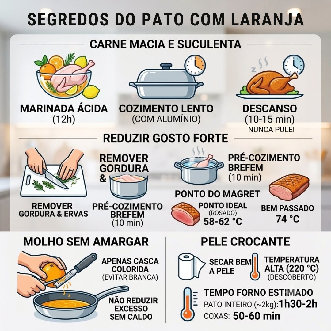 Infográfico quadrado com ilustrações culinárias explicando de forma resumida como garantir a maciez da carne, reduzir o gosto forte, acertar o ponto do magret, evitar o amargor do molho e conseguir uma pele crocante no pato com laranja