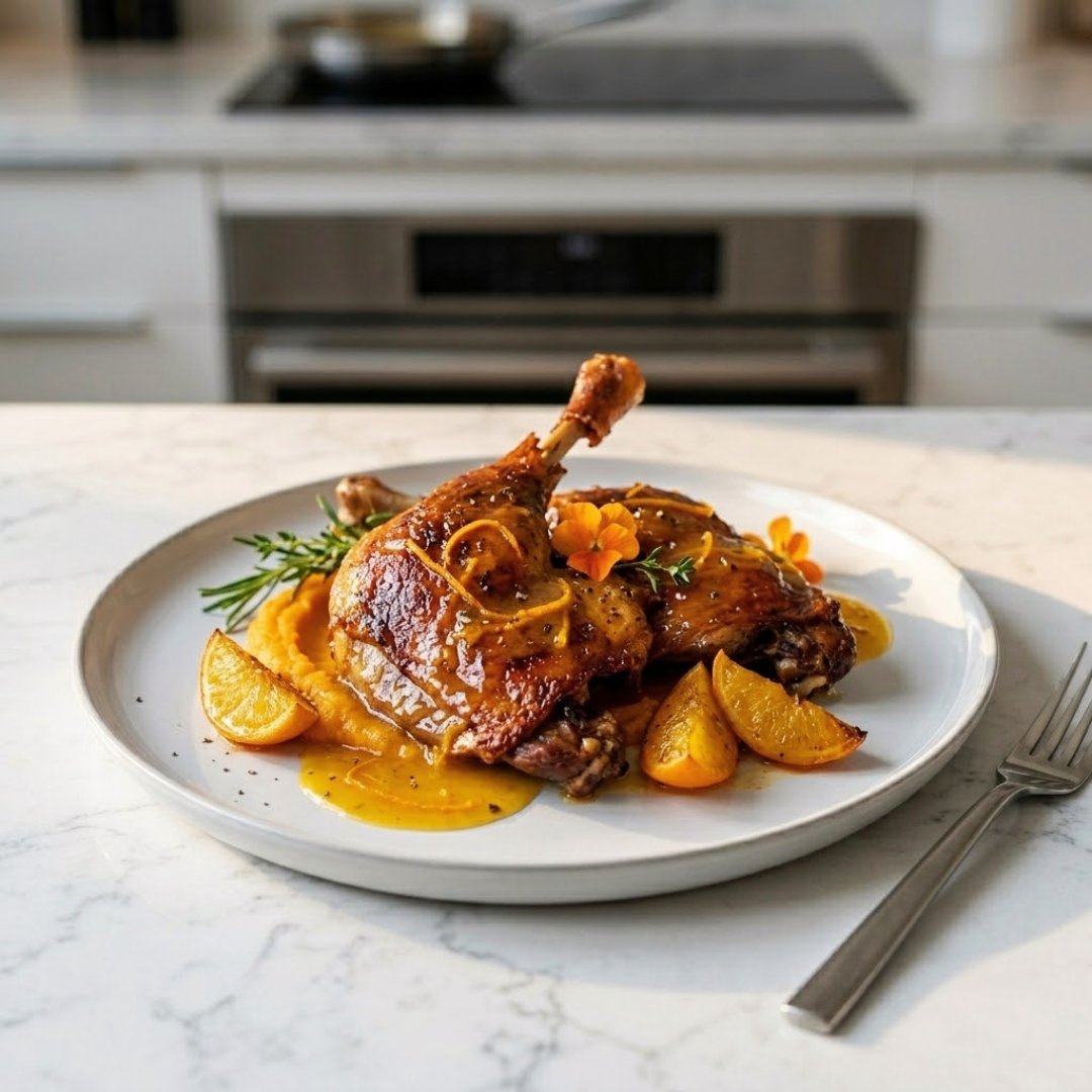 Um prato gourmet de coxa e sobrecoxa de pato confit com pele crocante e brilhante, regado com molho de laranja aveludado e guarnecido com raspas de laranja e alecrim fresco, em uma mesa de mármore branco em uma cozinha moderna