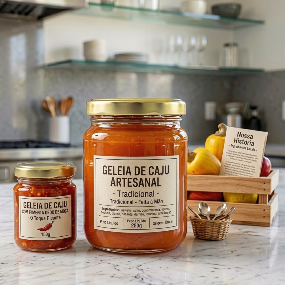Dois potes de vidro com geleia de caju e rótulos personalizados sobre uma bancada de mármore claro em uma cozinha moderna. O pote maior exibe um rótulo detalhado escrito "Geleia de Caju Artesanal - Tradicional", e o menor exibe um rótulo escrito "Geleia de Caju com Pimenta Dedo de Moça".