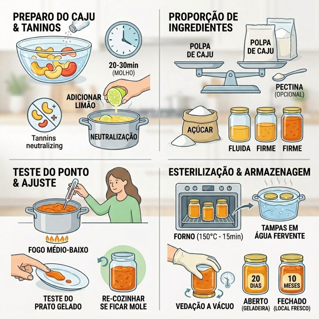 Infográfico quadrado com fundo claro dividido em quatro quadrantes explicativos sobre o preparo de geleia de caju. O primeiro quadrante mostra a neutralização de taninos com caju de molho e adição de limão; o segundo ilustra a proporção de 700g de açúcar e texturas da geleia; o terceiro demonstra o teste do prato gelado para o ponto; o quarto detalha a esterilização no forno a 150°C, fervura das tampas e prazos de validade de 20 dias aberto e 10 meses fechado.