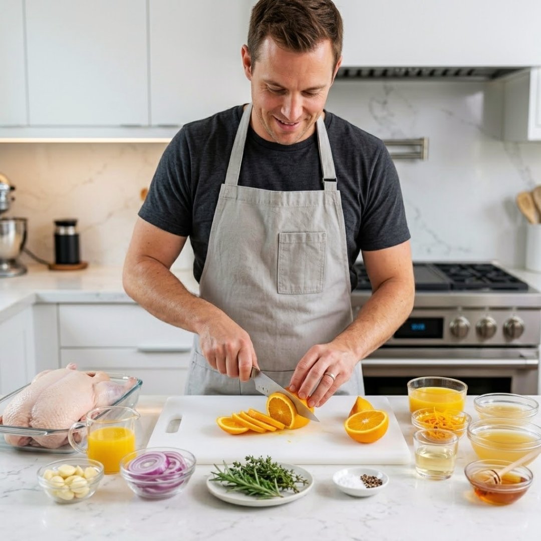 Cozinheiro de avental cinza e mãos precisas, fatiando uma laranja pera fresca sobre uma bancada de quartzo branco, com todos os ingredientes porcionados ao redor