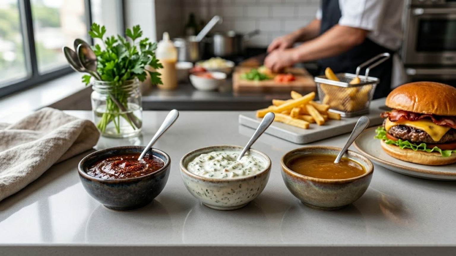 Três tigelas de cerâmica com molhos para hambúrguer (barbecue, tártaro e agridoce) em destaque sobre uma bancada clara de cozinha, com um hambúrguer artesanal e batatas fritas ao fundo.