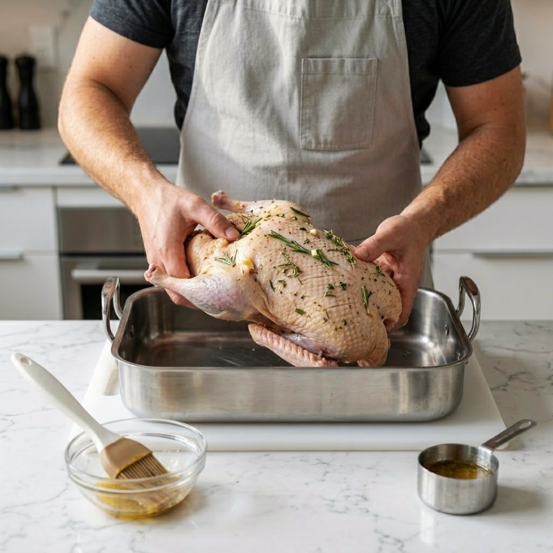 Cozinheiro de avental cinza com as mãos precisas, acomodando o pato inteiro marinado com o peito para cima em uma assadeira profunda de aço inox, sobre uma bancada de mármore branco