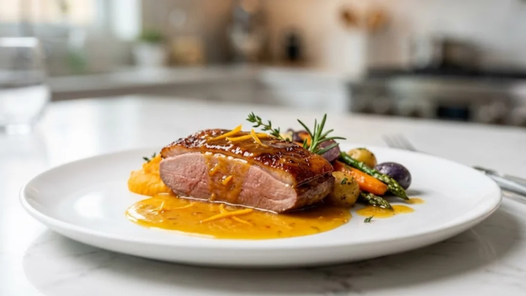 Peito de pato grelhado com pele crocante e molho de laranja aveludado, servido em um prato branco com purê e legumes assados em uma cozinha moderna