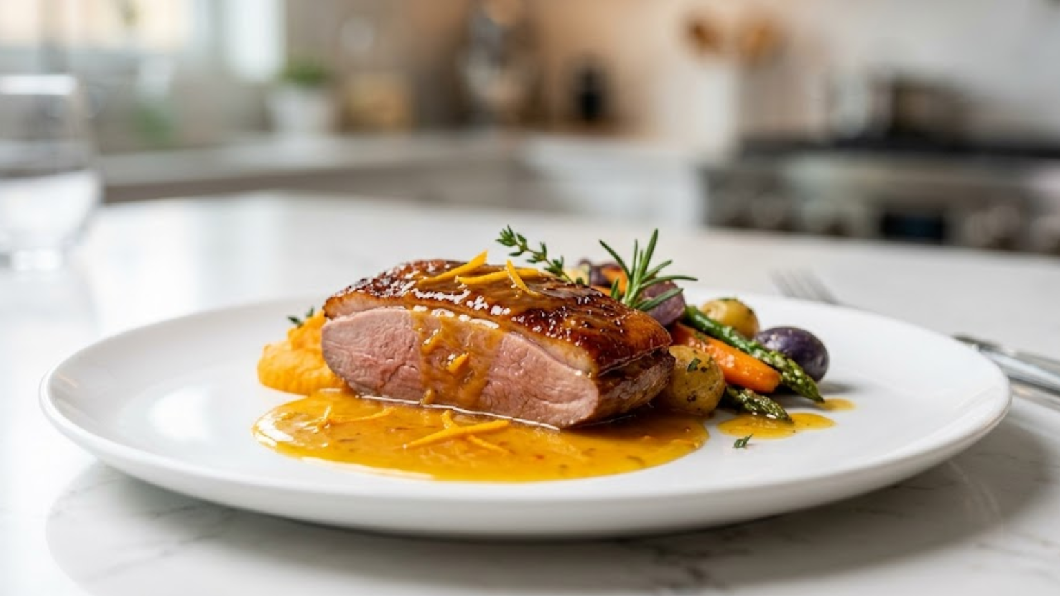 Peito de pato grelhado com pele crocante e molho de laranja aveludado, servido em um prato branco com purê e legumes assados em uma cozinha moderna