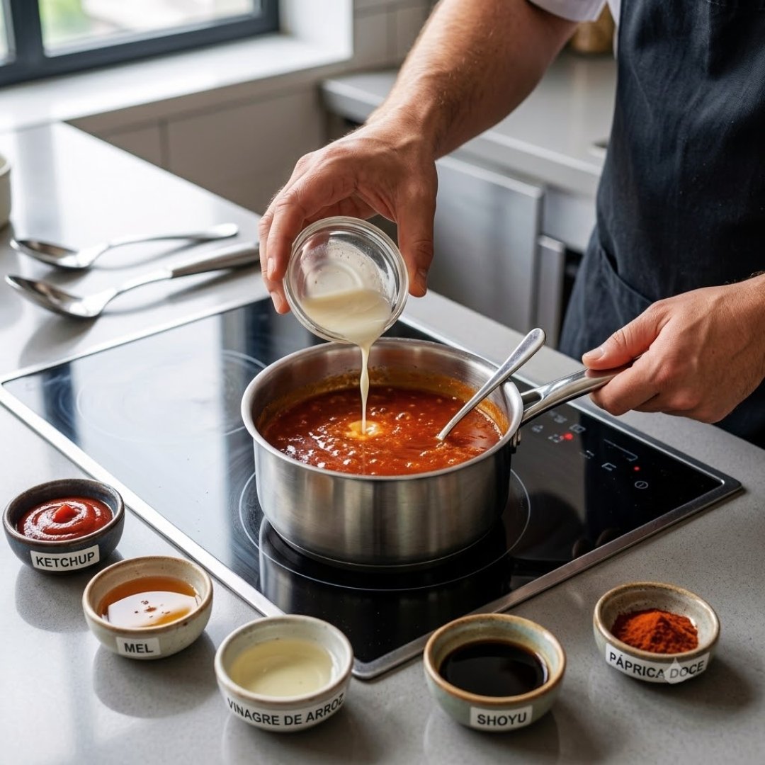 3 Molhos para Hambúrguer que Toda Boa Hamburgueria Usa (Barbecue, Tártaro e Agridoce) Mãos de um cozinheiro despejando amido de milho dissolvido em uma panela pequena com molho agridoce avermelhado em fogo baixo, sobre bancada cinza clara.