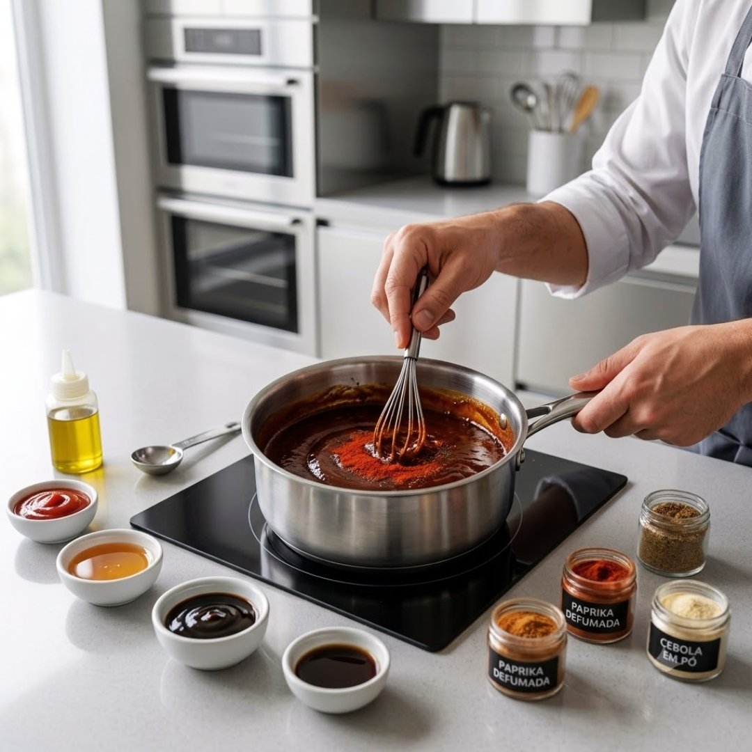3 Molhos para Hambúrguer que Toda Boa Hamburgueria Usa (Barbecue, Tártaro e Agridoce) Mãos de um cozinheiro mexendo um molho barbecue escuro e brilhante com uma colher de inox dentro de uma panela pequena, sobre um fogão de indução moderno em bancada cinza clara.