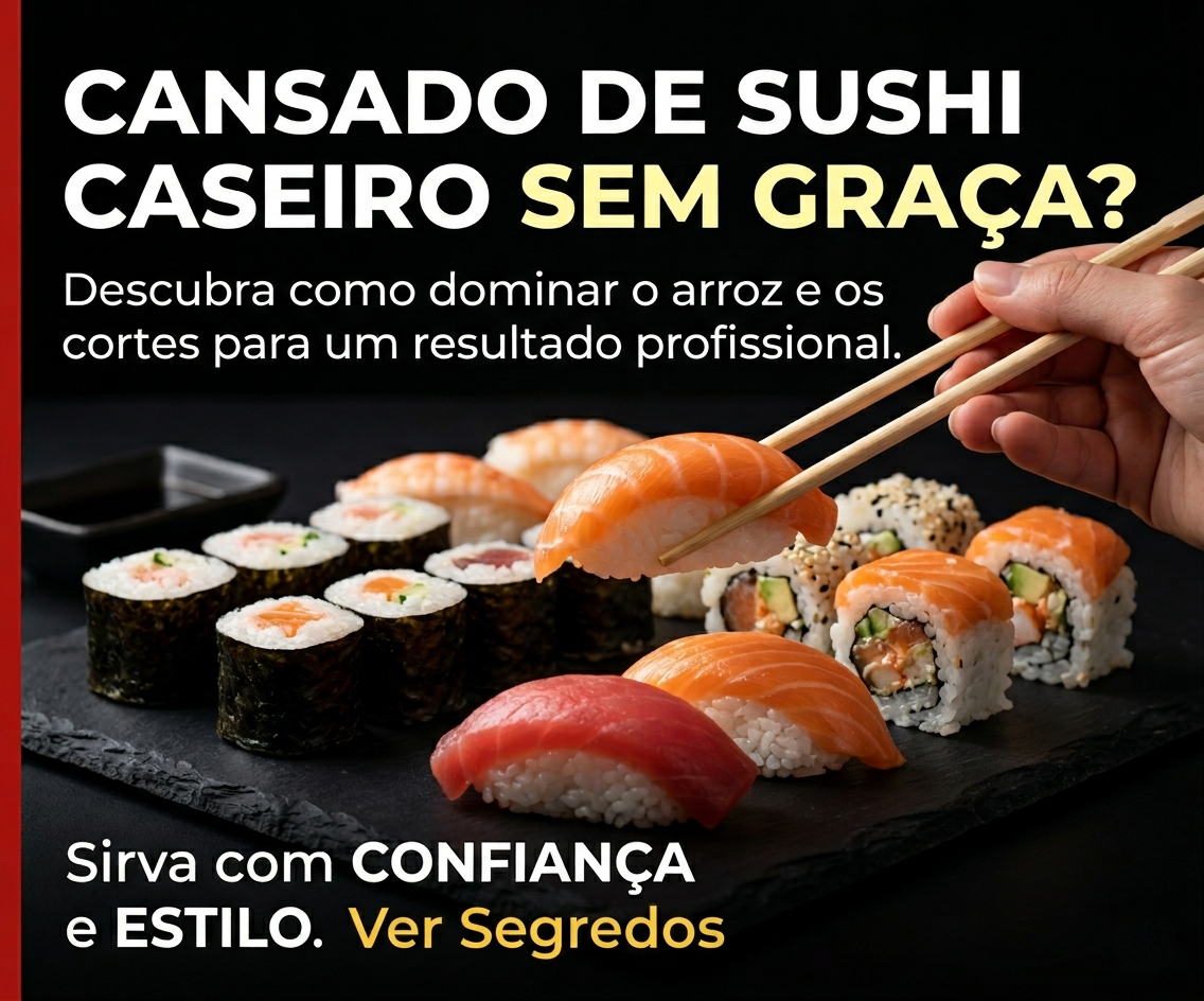 Banner quadrado com fundo preto mostrando uma variedade de sushis profissionais sobre uma pedra escura. Uma mão segura um niguiri de salmão com hashis. Textos em branco e amarelo destacam técnicas de corte e arroz para sushi caseiro