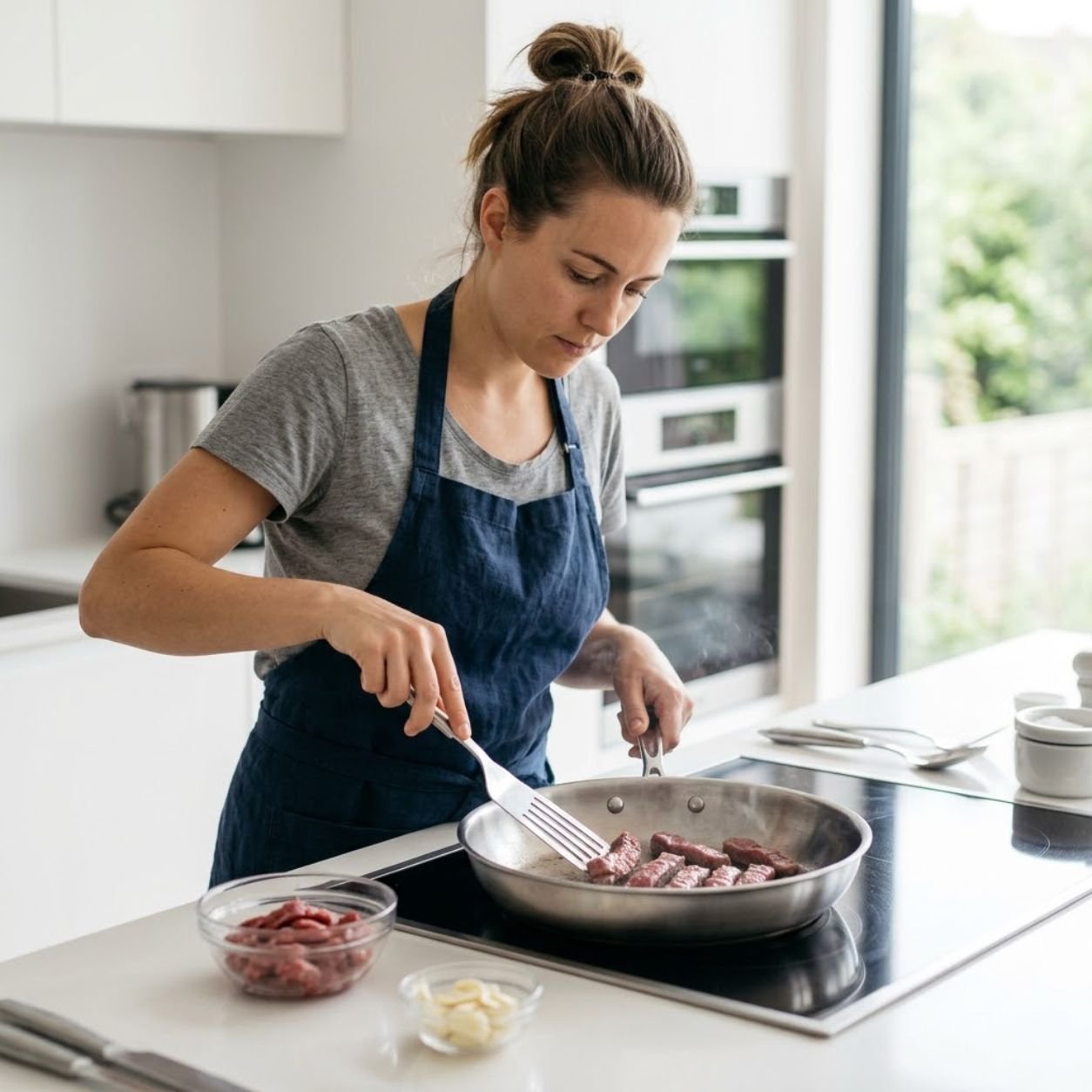 Strogonoff de Carne: Como Fazer Carne Macia e Molho Cremoso Uma pessoa focada e de avental cozinha tiras de carne em uma frigideira limpa sobre um cooktop moderno, sem madeira no ambiente.