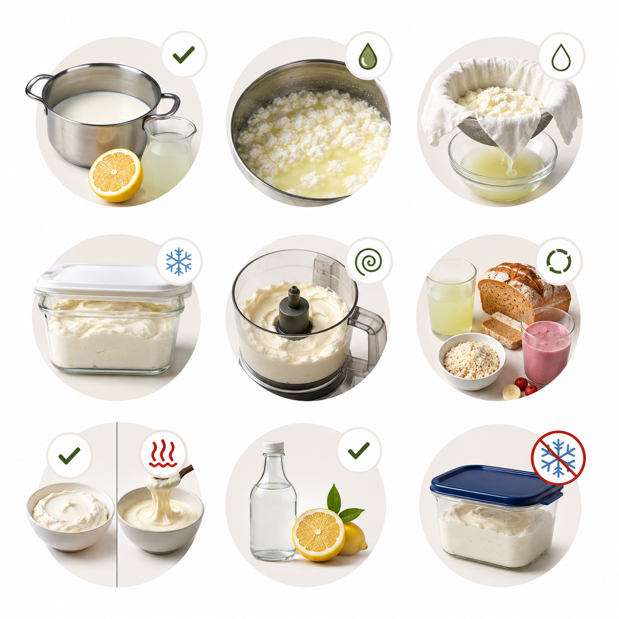 Infográfico ilustrado com as principais etapas e dicas para preparar, armazenar e obter um cream cheese caseiro cremoso, utilizando leite integral, limão ou vinagre.