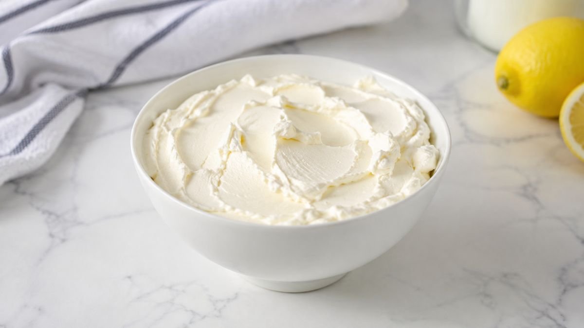 Cream cheese caseiro cremoso em tigela branca preparado com leite integral e limão sobre bancada de mármore em cozinha clara.