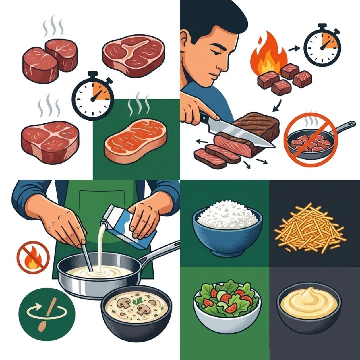 Strogonoff de Carne: Como Fazer Carne Macia e Molho Cremoso Um infográfico quadrado ilustrado com fundo branco, dividido em quatro seções: Melhores Cortes de Carne, Dicas para Carne Macia, Segredo do Molho Cremoso e Acompanhamentos Clássicos do strogonoff.