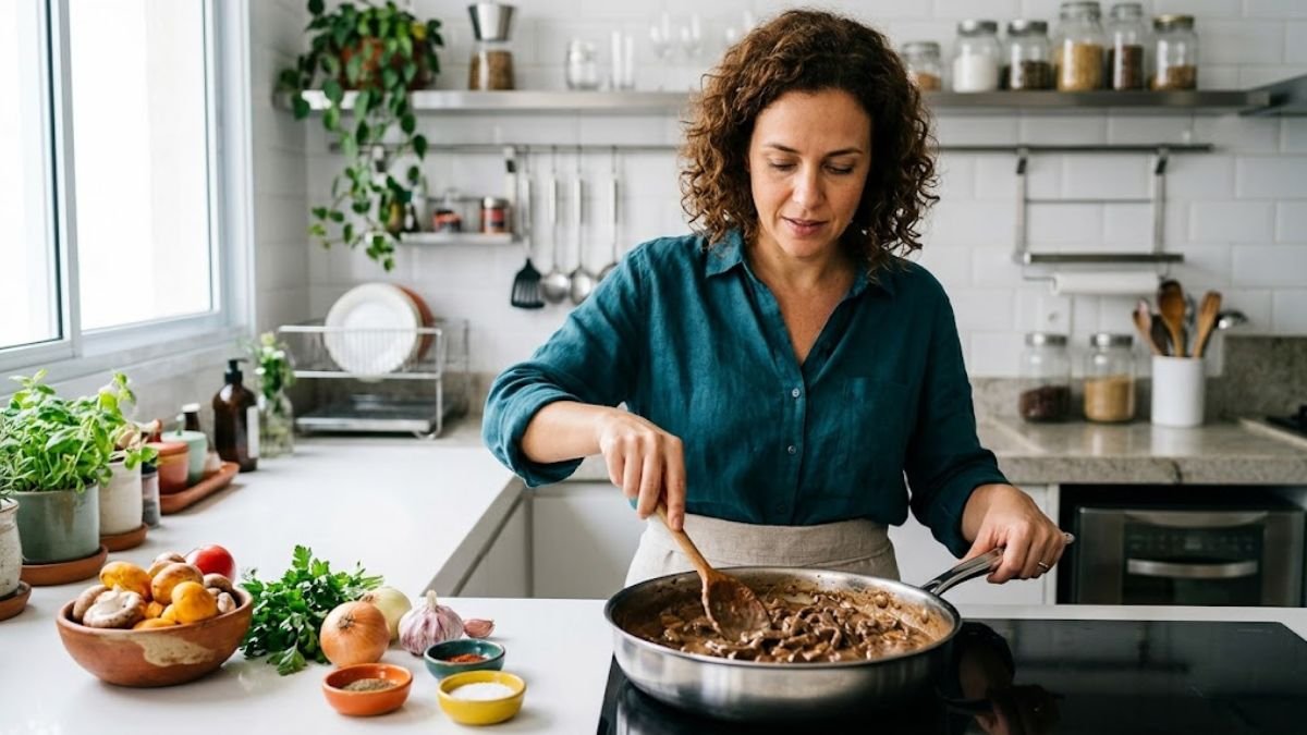Mulher em uma cozinha moderna preparando strogonoff de carne em uma frigideira grande com ingredientes frescos ao lado.