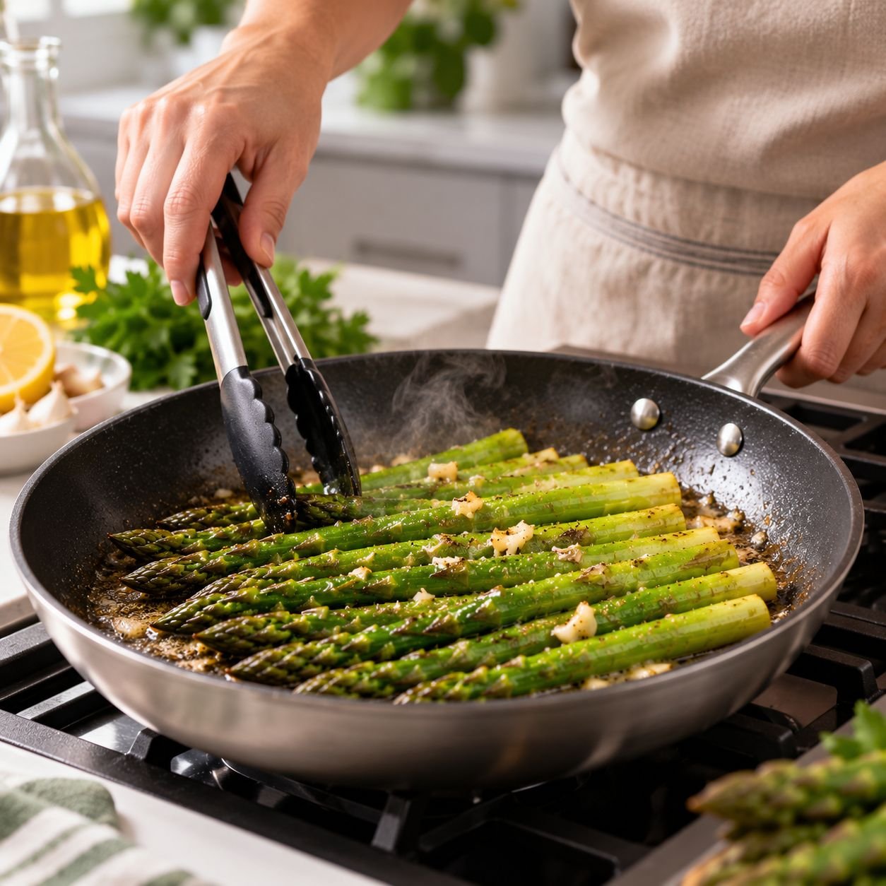 Como Fazer Aspargos: O Jeito Certo de Preparar e Deixar Deliciosos Pessoa preparando aspargos na frigideira com alho e azeite