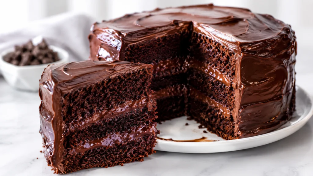 Bolo de chocolate da Matilda com massa úmida, camadas de ganache e cobertura cremosa