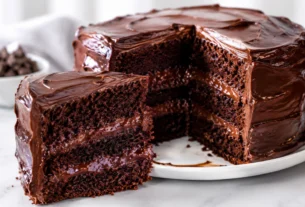 Bolo de chocolate da Matilda com massa úmida, camadas de ganache e cobertura cremosa