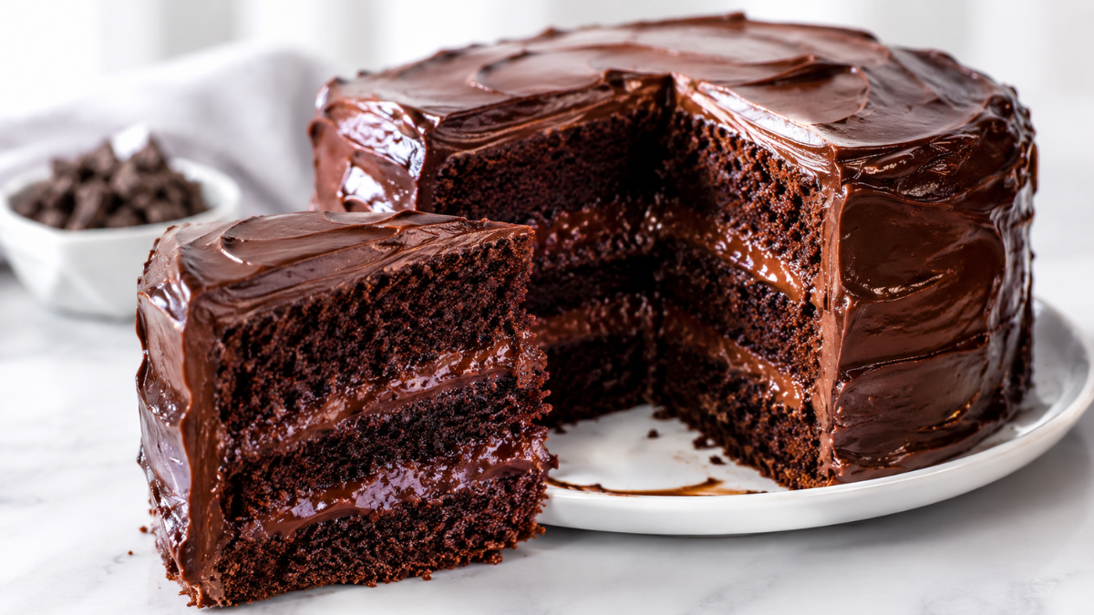 Bolo de chocolate da Matilda com massa úmida, camadas de ganache e cobertura cremosa