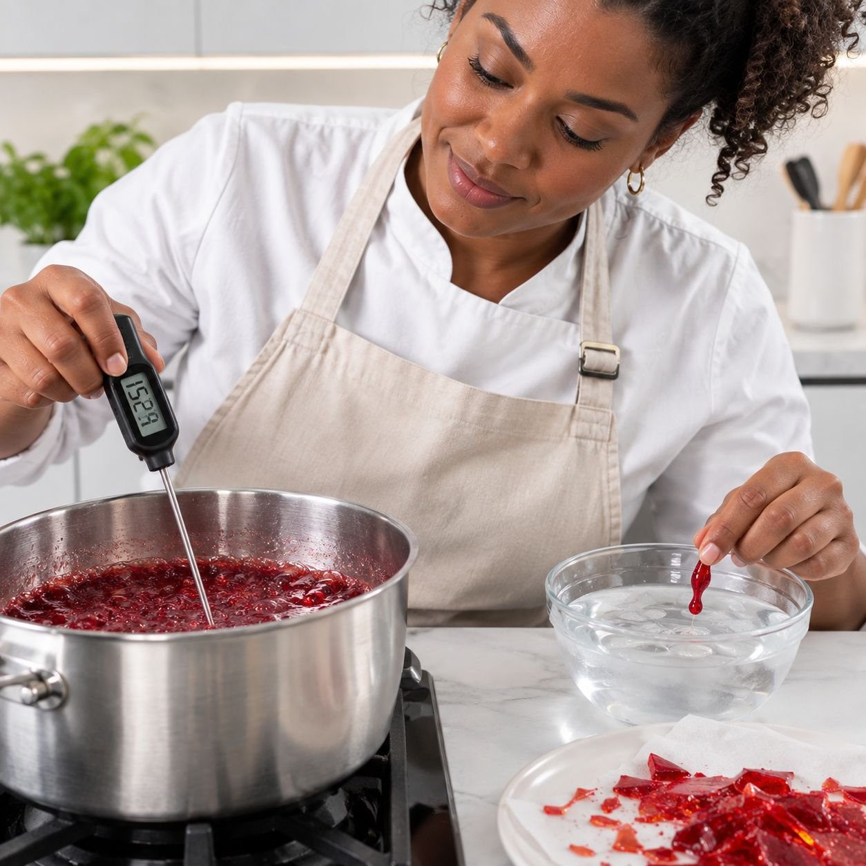 Mulher verificando o ponto do caramelo vermelho com termômetro culinário e teste em água gelada