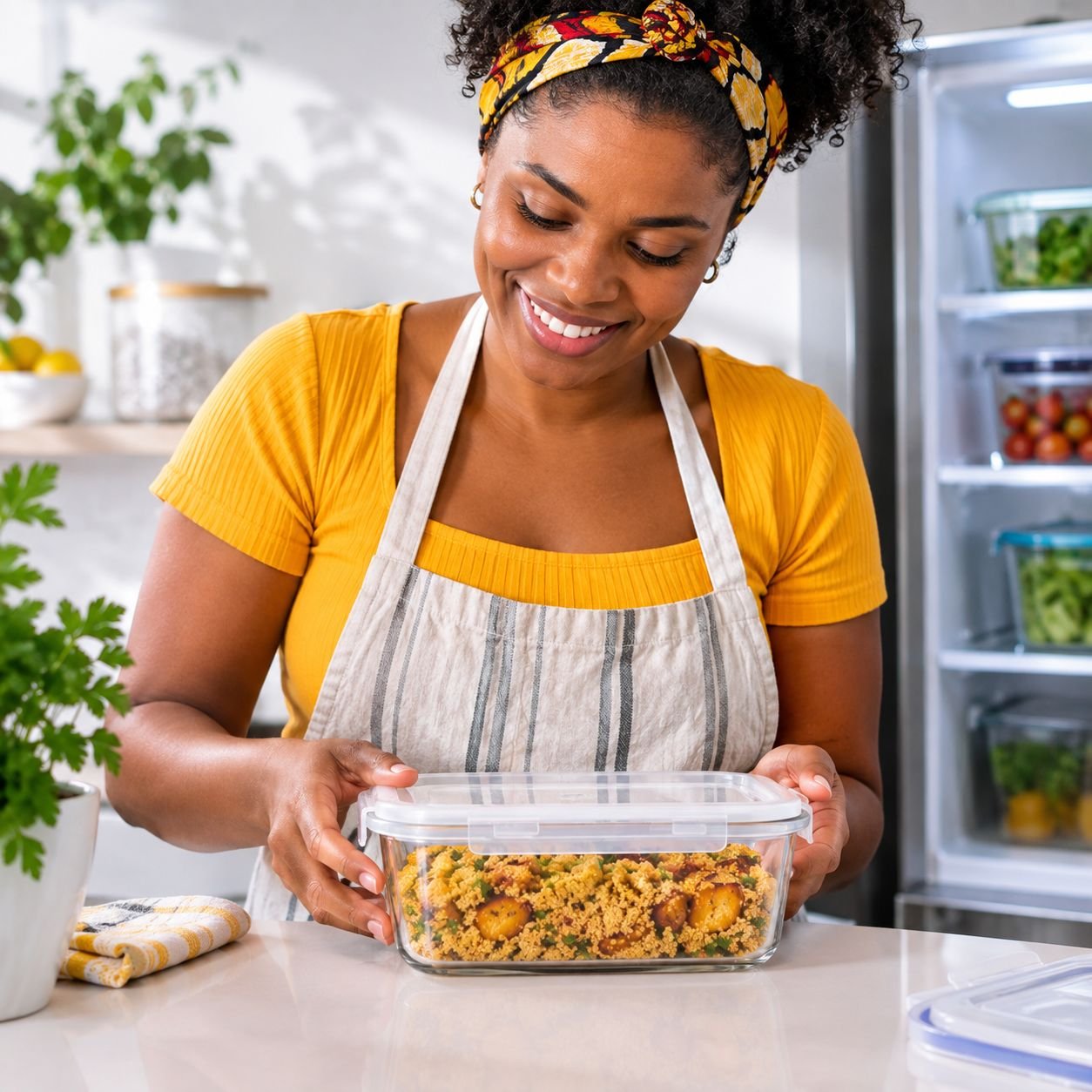 Como fazer Farofa de Banana-da-Terra: Receita fácil e cheia de sabor Mulher armazenando farofa de banana-da-terra em recipiente com tampa