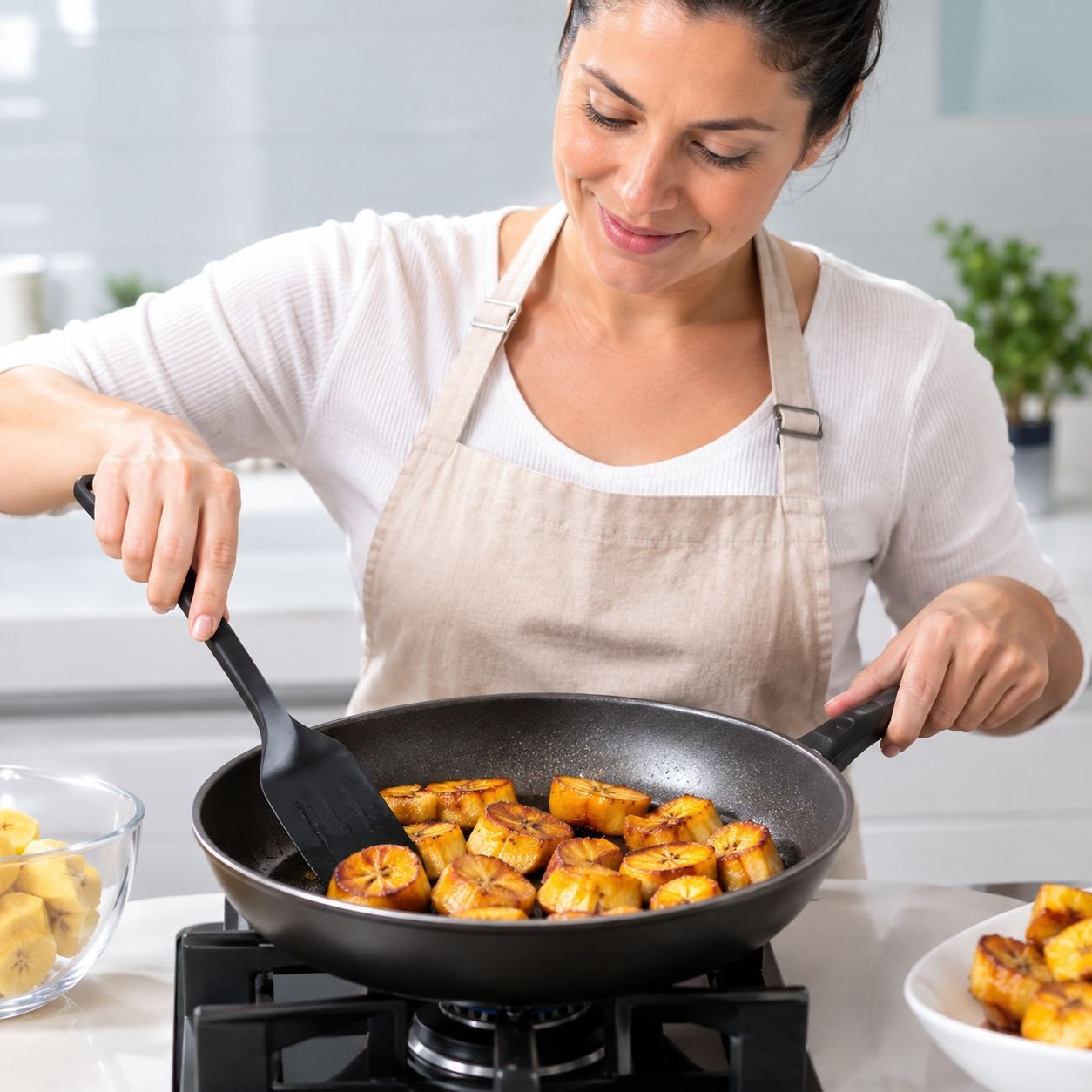 Como fazer Farofa de Banana-da-Terra: Receita fácil e cheia de sabor Pessoa dourando pedaços de banana-da-terra em uma frigideira