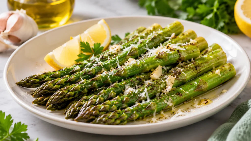 Aspargos preparados na frigideira com alho, limão e parmesão