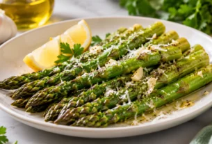 Aspargos preparados na frigideira com alho, limão e parmesão