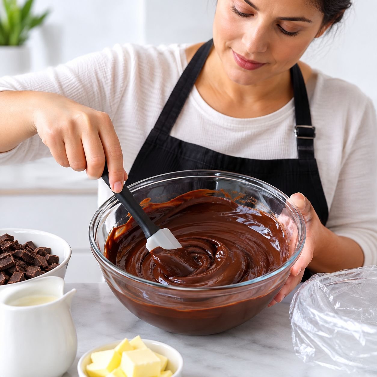 Mulher preparando ganache de chocolate em tigela de vidro