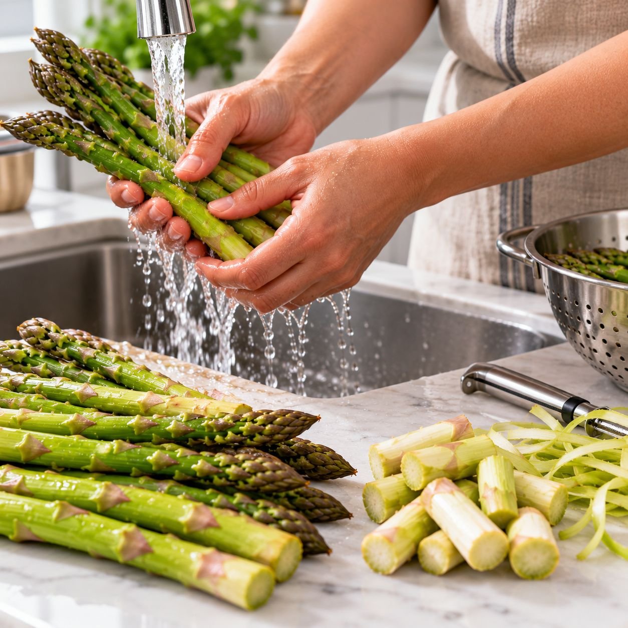 Como Fazer Aspargos: O Jeito Certo de Preparar e Deixar Deliciosos Pessoa lavando e limpando aspargos frescos na cozinha