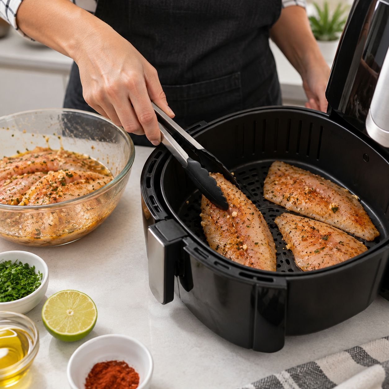 Pessoa colocando filés de tilápia temperados no cesto da air fryer