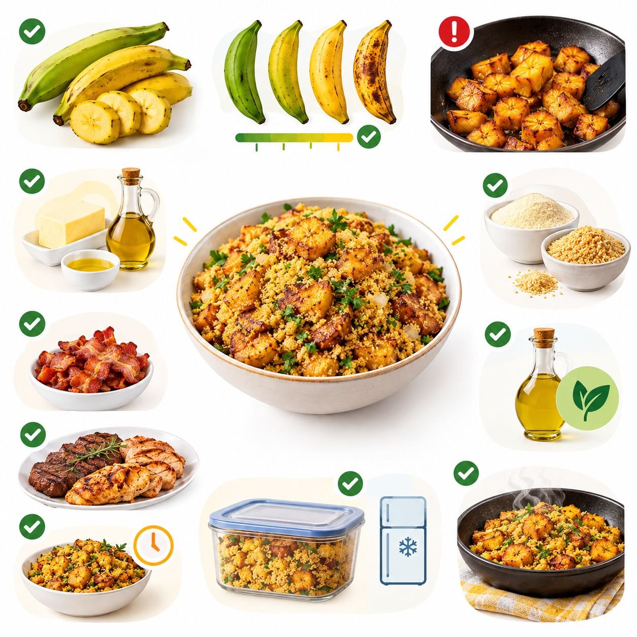 Como fazer Farofa de Banana-da-Terra: Receita fácil e cheia de sabor Infográfico ilustrado com banana-da-terra, farofa e dicas de preparo e conservação