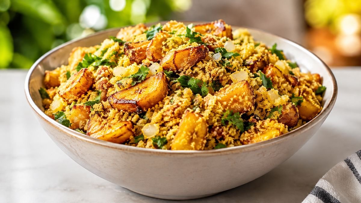 Farofa de banana-da-terra dourada com farinha de mandioca e cheiro-verde