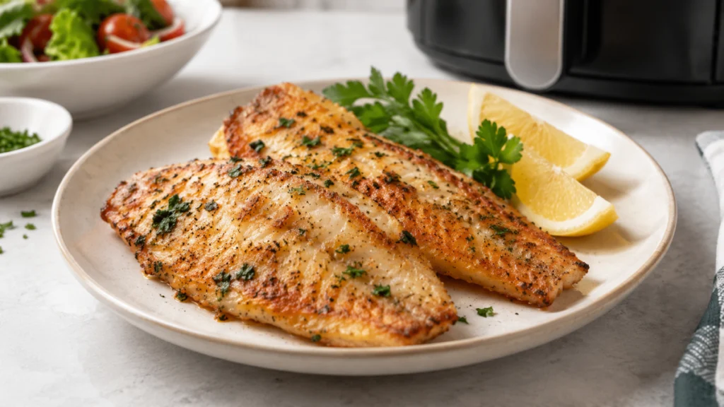 Filé de tilápia dourado preparado na air fryer com limão e salsinha