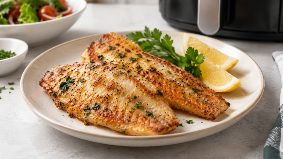Filé de tilápia dourado preparado na air fryer com limão e salsinha