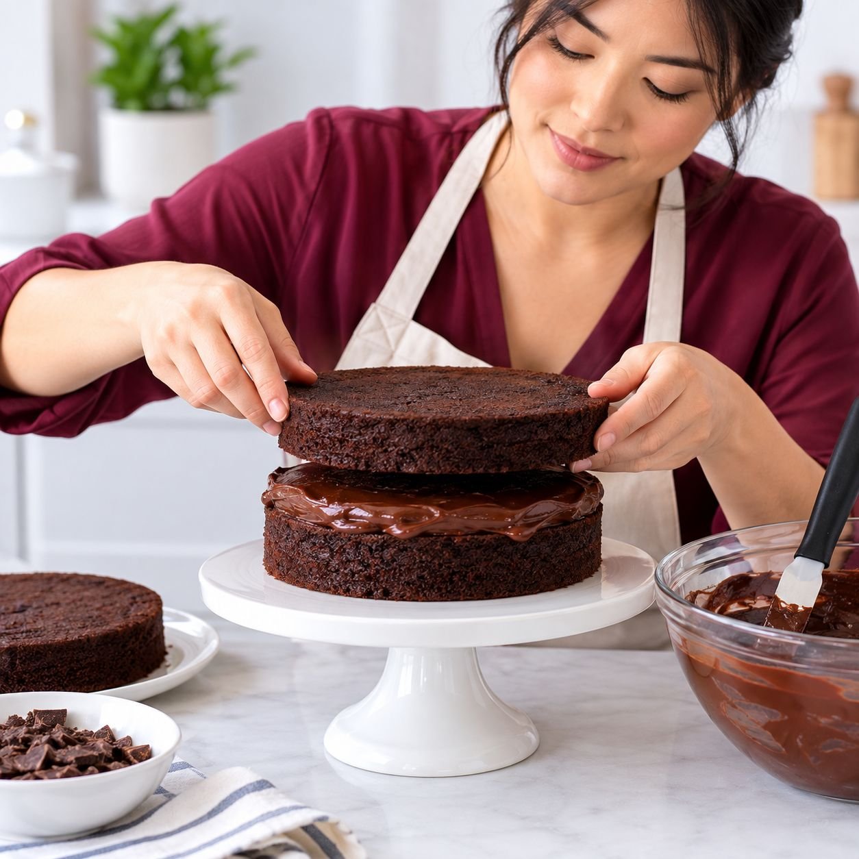 Mulher oriental montando bolo de chocolate da Matilda com camadas de ganache