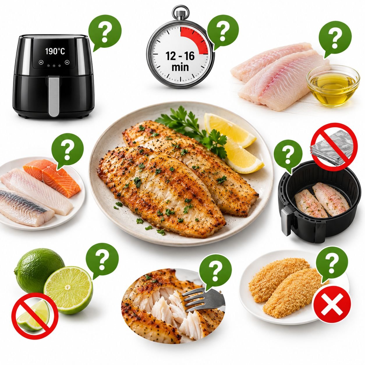 Infográfico com dicas sobre tempo, temperatura e preparo de filé de tilápia na air fryer