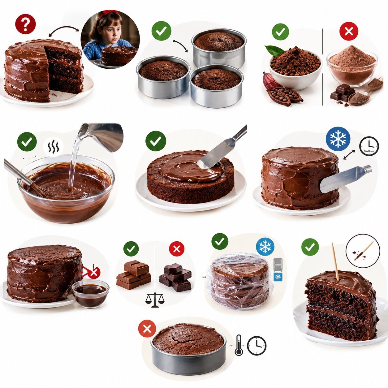 Infográfico ilustrado com dúvidas e cuidados no preparo do bolo de chocolate da Matilda