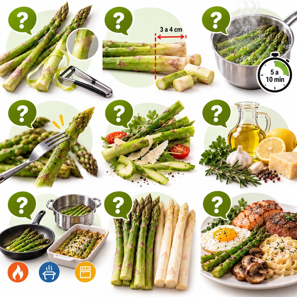 Como Fazer Aspargos: O Jeito Certo de Preparar e Deixar Deliciosos Infográfico ilustrado com dicas sobre preparo, corte, cozimento e combinações com aspargos
