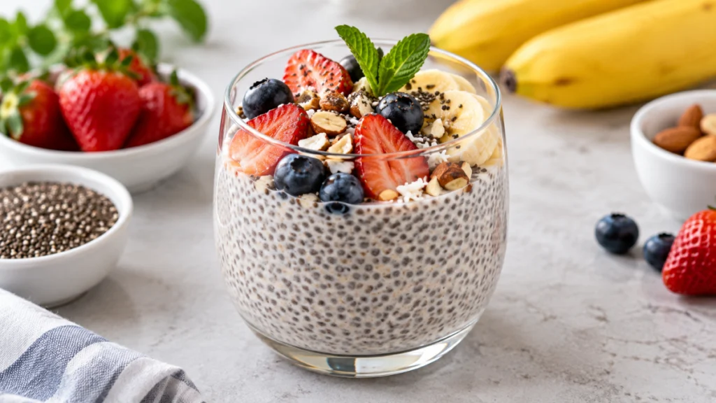 Pudim de chia simples com morangos, mirtilos, banana e castanhas
