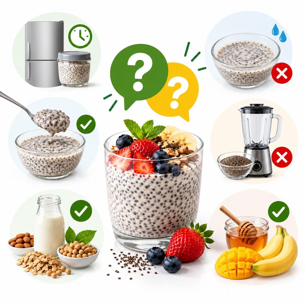 Infográfico ilustrado com pudim de chia, refrigeração, consistência, chia hidratada, leite vegetal e opções de adoçantes