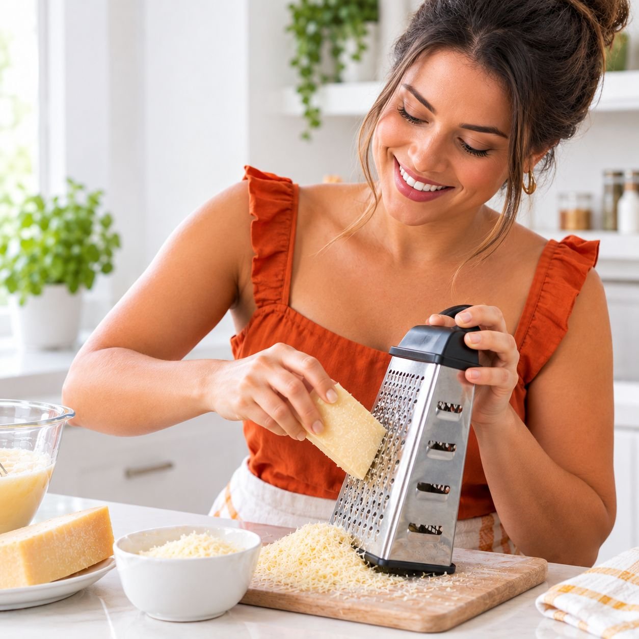 Mulher rala queijo fino para preparar bolo de fubá cremoso