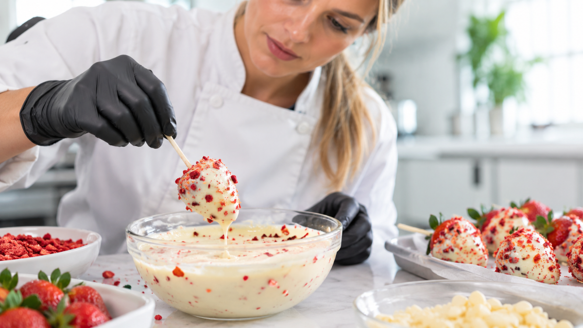 Chef de cozinha preparando morango cravejado com cobertura de chocolate branco e pedaços de morango