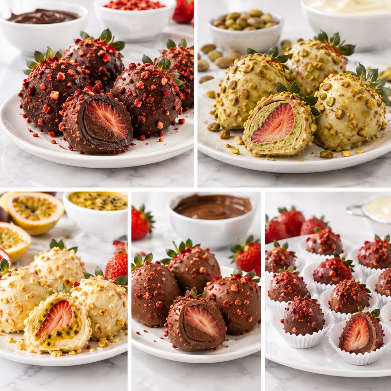 Variações de morango cravejado com chocolate, pistache, maracujá, chocolate ao leite e versão mini